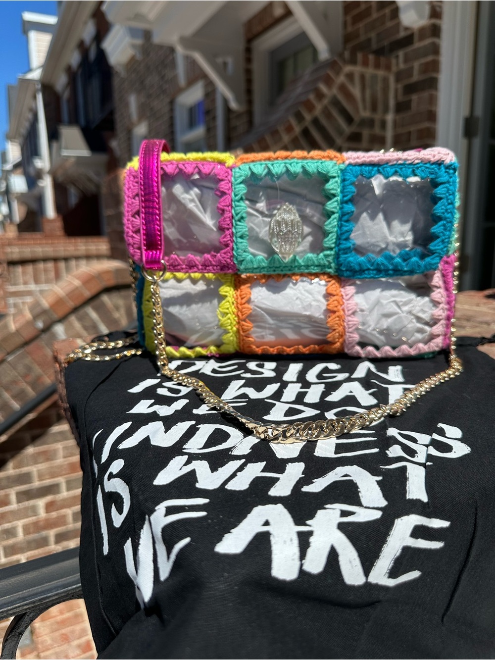 Kurt Geiger London, Medium Clear & colorful Crochet crossbody/shoulder bag.